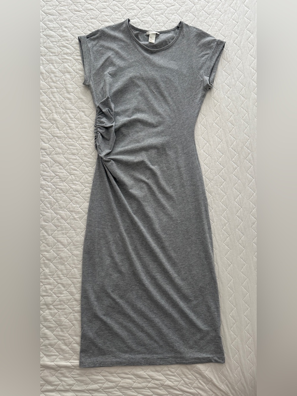 H&M Mama Heather Grey Ruched Maternity Midi Dress Size M Soft Stretch